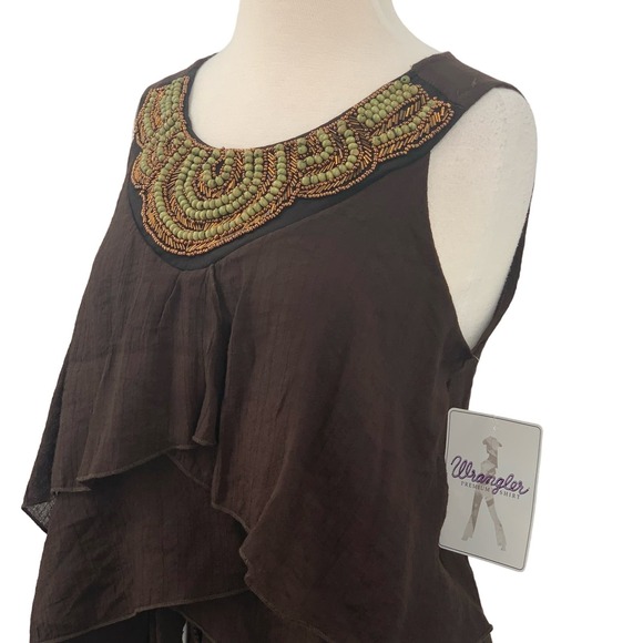 NWT Wrangler Women's Sleeveless Tank Top Brown Beaded Layered Ruffled Size M - Picture 7 of 8